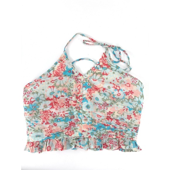 American Eagle Outfitters Tops - American Eagle Floral Halter Womens Small Blue Babydoll Smocked Y2K